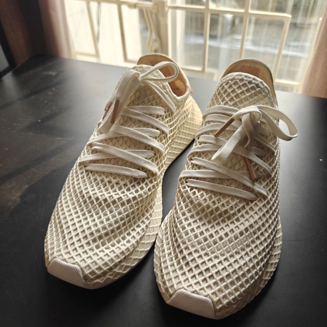 Adidas Deerupt Runner White Mesh Natural Leather, Fesyen Pria