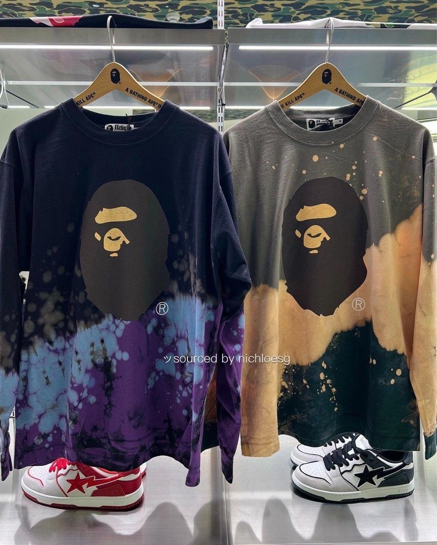 BAPE TIE DYE APE HEAD RELAXED FIT LS TEE, Men's Fashion, Tops