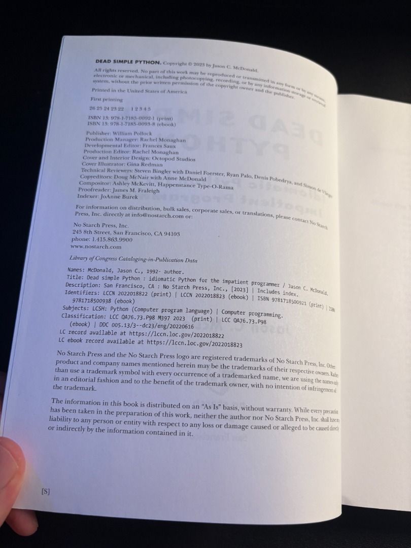 Dead Simple Python: Idiomatic Python for the Impatient Programmer (Category: Textbooks) located in Singapore. Submitted by kossnocorp (Listing ID 1329350376, Image 2). Description: This book offers a concise introduction to Python, focusing on idiomatic patterns for writing professional-grade code quickly. I’m moving digital and selling out my book collection. Look up my listings for more dev books..