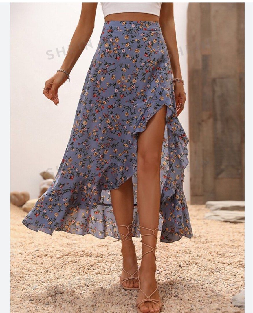 Floral beach wrap drapes ruffles midaxi maxi skirt