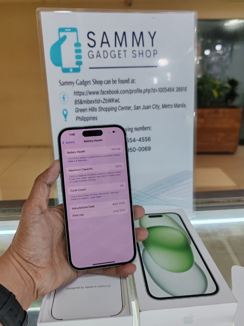 Iphone 15 good as new 128 (Category: iPhone 15 Series) located in Quezon City. Submitted by ronalynac40976 (Listing ID 1329332927, Image 3). Description: Iphone 15 128 factory unlock 100% batteri health good condition With box, same imei, cord Pick up store in greenhills shopping center We ship nationwide via LBC We accept swap/trade in We accept Creditcard by installment+% We accept ggives & spaylater+% Dm or call for fast transaction 0927950006