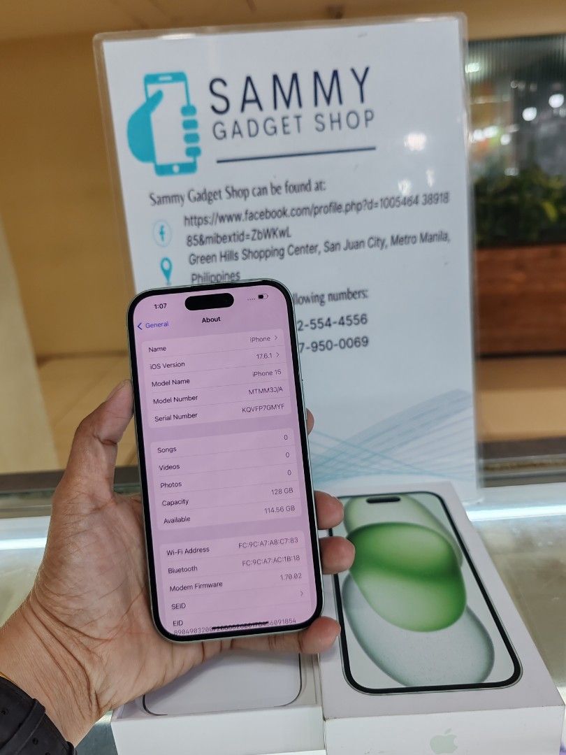 Iphone 15 good as new 128 (Category: iPhone 15 Series) located in Quezon City. Submitted by ronalynac40976 (Listing ID 1329332927, Image 2). Description: Iphone 15 128 factory unlock 100% batteri health good condition With box, same imei, cord Pick up store in greenhills shopping center We ship nationwide via LBC We accept swap/trade in We accept Creditcard by installment+% We accept ggives & spaylater+% Dm or call for fast transaction 0927950006