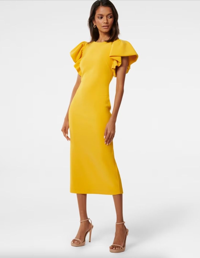 LN Forever New Yellow Flutter Sleeves Midi Dress Women s Fashion Dresses Sets Dresses on Carousell