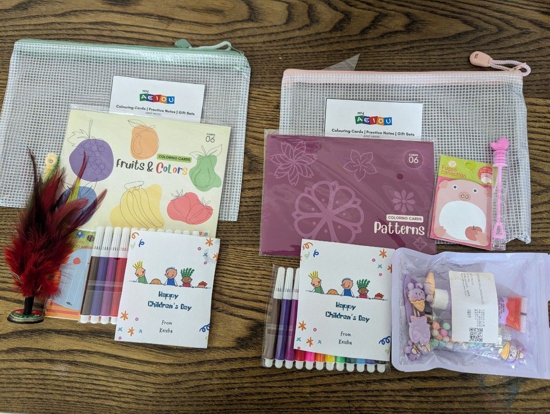 Customized party gift sets (Category: Occasions & Party Supplies) located in Singapore. Submitted by myaeiou (Listing ID 1329298564, Image 2). Description: Each gift set comprises of: 1. Reusable zipper bag (A5 size) 2. 1 set of colouring cards 3. Any 2 extra fillers of your choice 4. Customized tag of your choice Prices start from $4. PM for more details!.