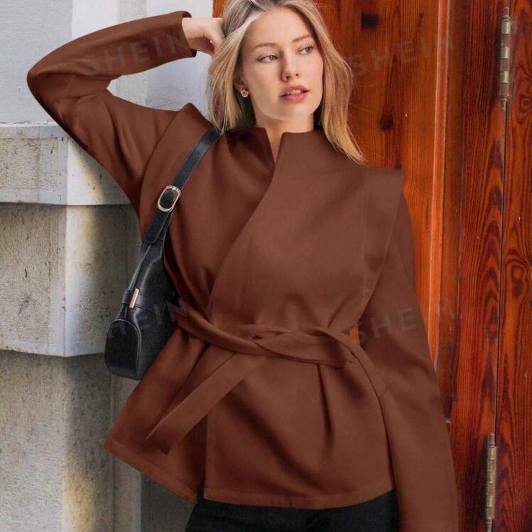 SHEIN Belted Woolen Coat Tie Wrap Outerwear Women Brown Baju Kot Perempuan Coklat Women s Fashion Coats Jackets and Outerwear on Carousell