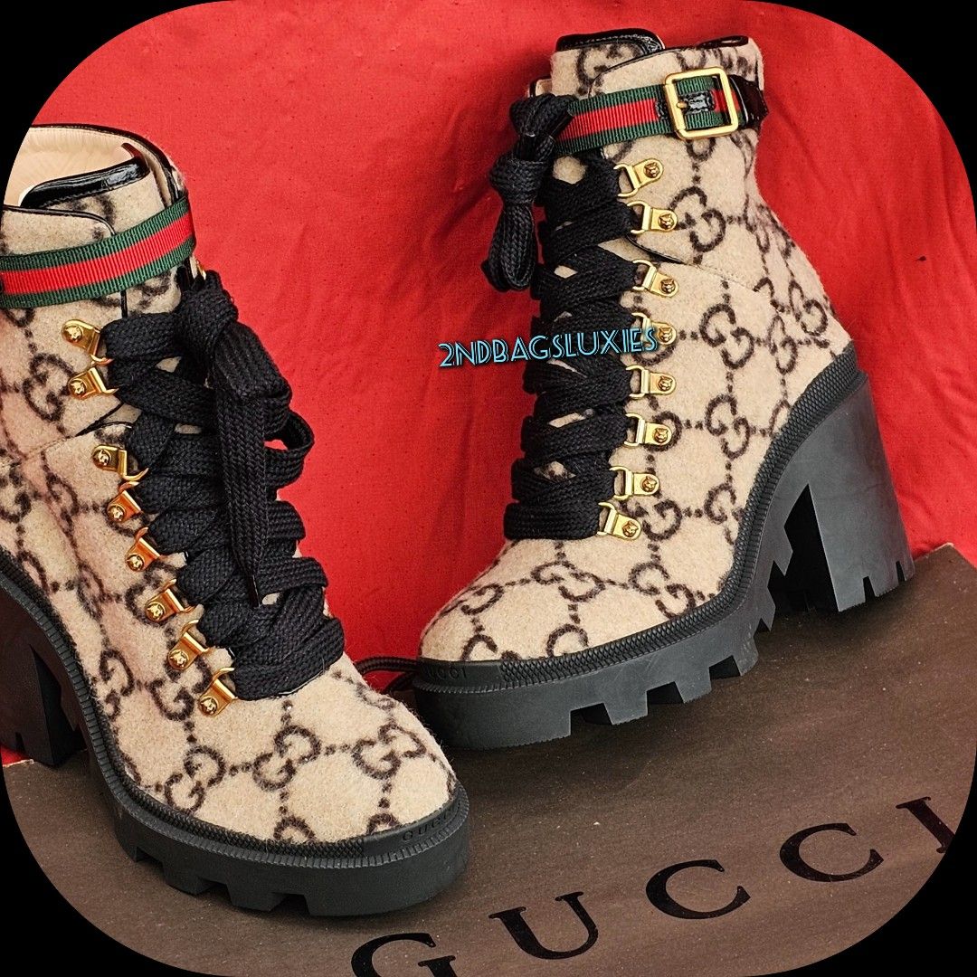 Sz 37 Gucci GG Beige Sherry Line Womens Wool Combat Boots Shoes