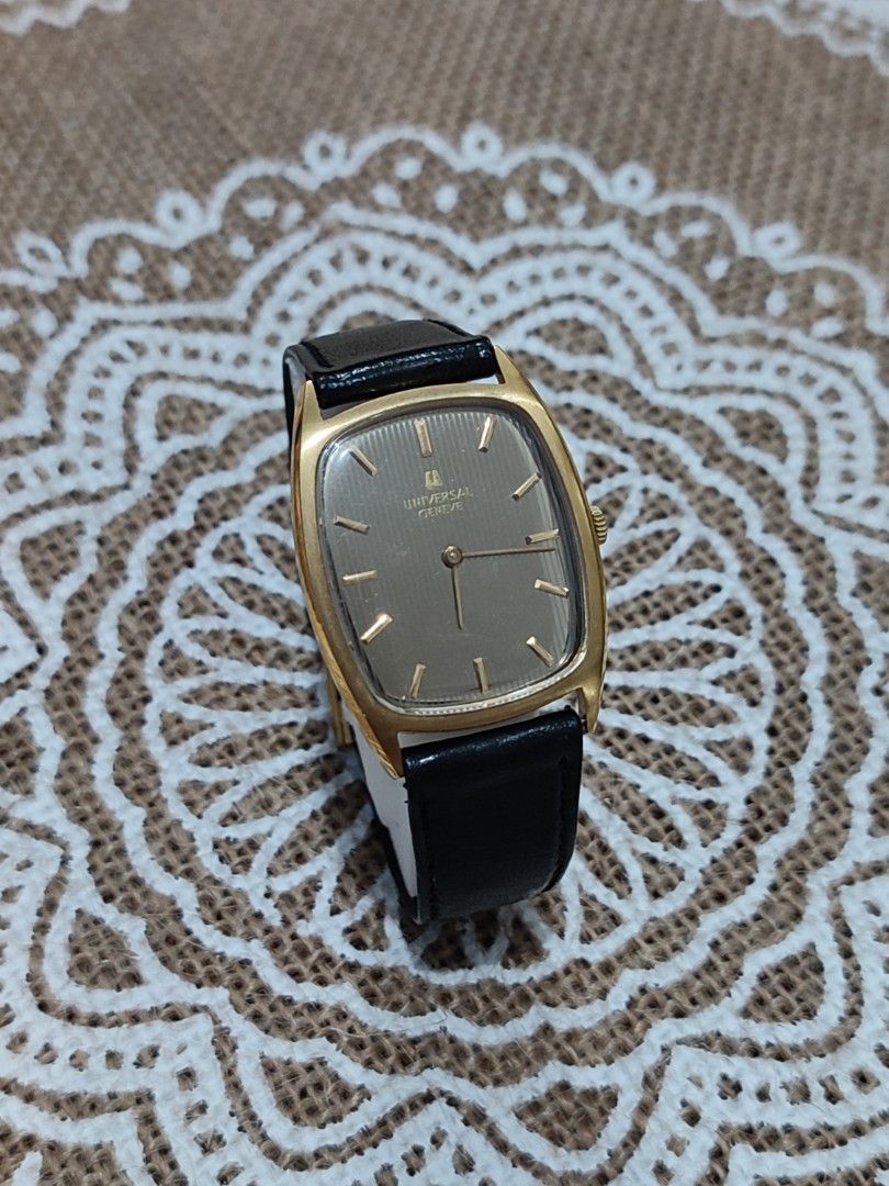Universal Geneve Pinstripe Manual Wind Watch (Category: Luxury Watches) located in Basud. Submitted by ClaireLavin (Listing ID 1328545622, Image 1). Description: Sale until this December only! Guaranteed Authentic ✅ gold plated with leather strap working condition vintage watch, manual winding.