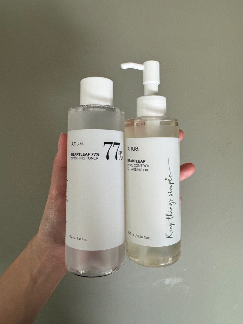 Anua Toner & Cleansing Oil (Category: Face Care) located in Manila. Submitted by declutterzoneee (Listing ID 1329505968, Image 1). Description: 1,200 - If buying both 600 - Heartleaf 77% Soothing Toner (See photo for amount used) 700 - Heartleaf Pore Control Cleansing Oil (Used once).