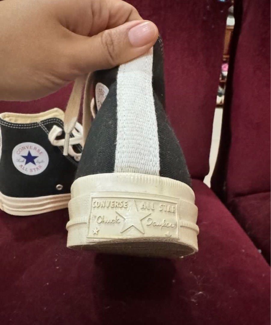 Converse x CDG Play (Category: Sneakers) located in Cavite. Submitted by leylamm (Listing ID 1329509847, Image 2). Description: Size: Women- 8; Men-6. Issue: minor heel drag. Last photo for reference only - dress also for sale..