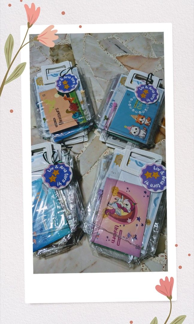 Customized party gift sets (Category: Occasions & Party Supplies) located in Singapore. Submitted by myaeiou (Listing ID 1329298564, Image 3). Description: Each gift set comprises of: 1. Reusable zipper bag (A5 size) 2. 1 set of colouring cards 3. Any 2 extra fillers of your choice 4. Customized tag of your choice Prices start from $4. PM for more details!.