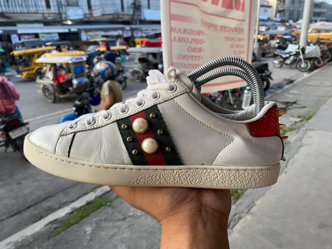 Gucci Women s Ace studded pearl and metal spike sneakers