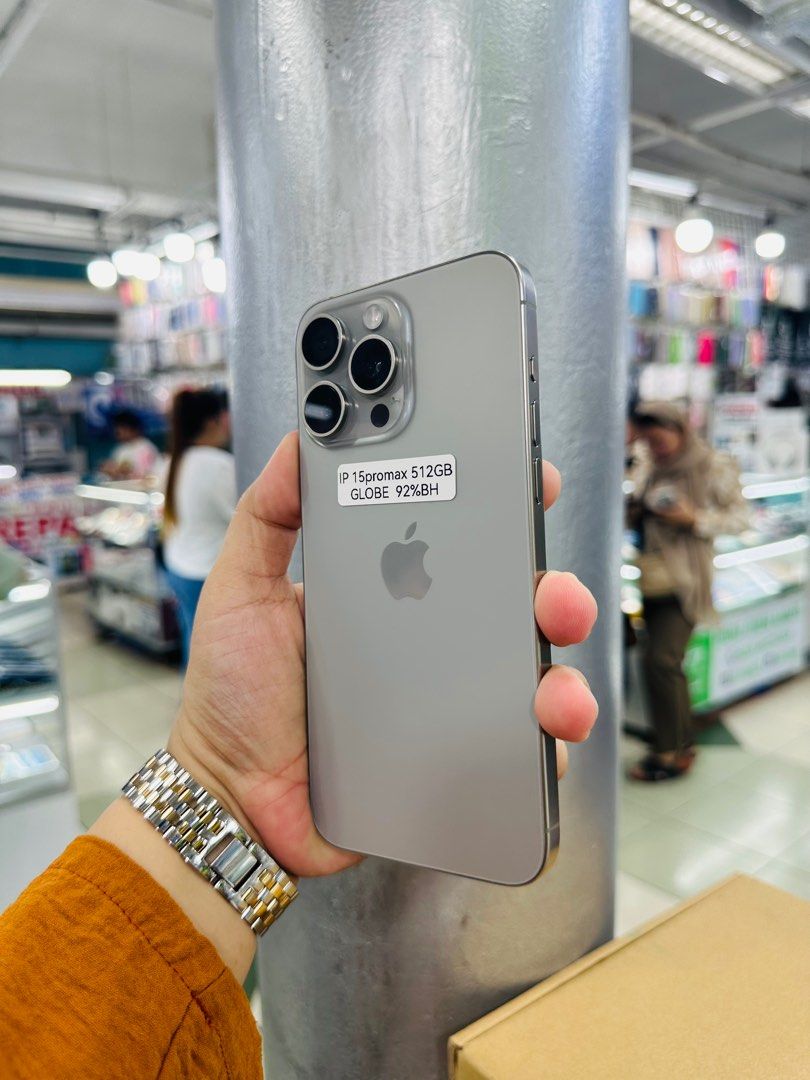 Iphone 15 Pro Max 512gb 92% batt Globelocked NTC (Category: iPhone 15 Series) located in San Juan City. Submitted by javedsgadgetshop (Listing ID 1329589120, Image 2). Description: OPEN FOR INSTALLMENT VIA CREDIT CARD/GGIVES/SPAY/BILLEASE & SWAP/TRADE-IN! BUY AND SELL! Quick Specs : Iphone 15promax •512gb •NTC Variant •92% batt health •Globelocked •95% Smoothness •No hidden issue | No Repaired •100% Authentic | Not Refurbished •w/ OEM Charger & s