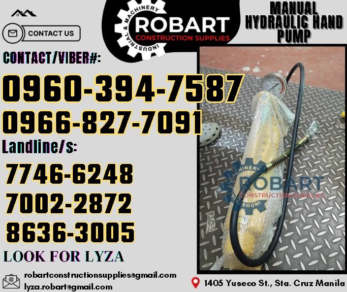 Manual Hydraulic Hand Pump (Category: Construction Tools & Equipment) located in Manila. Submitted by lyzarobart1999 (Listing ID 1329536516, Image 1). Description: Manual Hydraulic Hand Pump CP-700-2 with Gauge 𝑹𝑶𝑩𝑨𝑹𝑻 𝑪𝑶𝑵𝑺𝑻𝑹𝑼𝑪𝑻𝑰𝑶𝑵 𝑺𝑼𝑷𝑷𝑳𝑰𝑬𝑺 𝒪𝒻𝒻𝒾𝒸𝑒 𝒜𝒹𝒹𝓇𝑒𝓈𝓈: 𝟣𝟦𝟢𝟧 𝒴𝓊𝓈𝑒𝒸𝑜 𝒮𝓉. 𝒮𝓉𝒶 𝒞𝓇𝓊𝓏 𝑀𝒶𝓃𝒾𝓁𝒶 ꜱᴇɴᴅ ᴜꜱ ᴍᴇꜱꜱᴀɢᴇ ꜰᴏʀ ɪɴQᴜɪʀɪᴇꜱ ‼️ ‼️ ɢʟᴏʙᴇ: (0966-827-7091) ꜱᴍʀᴛ - (0960-394-7587) ᴠɪʙʀ - (0960-394