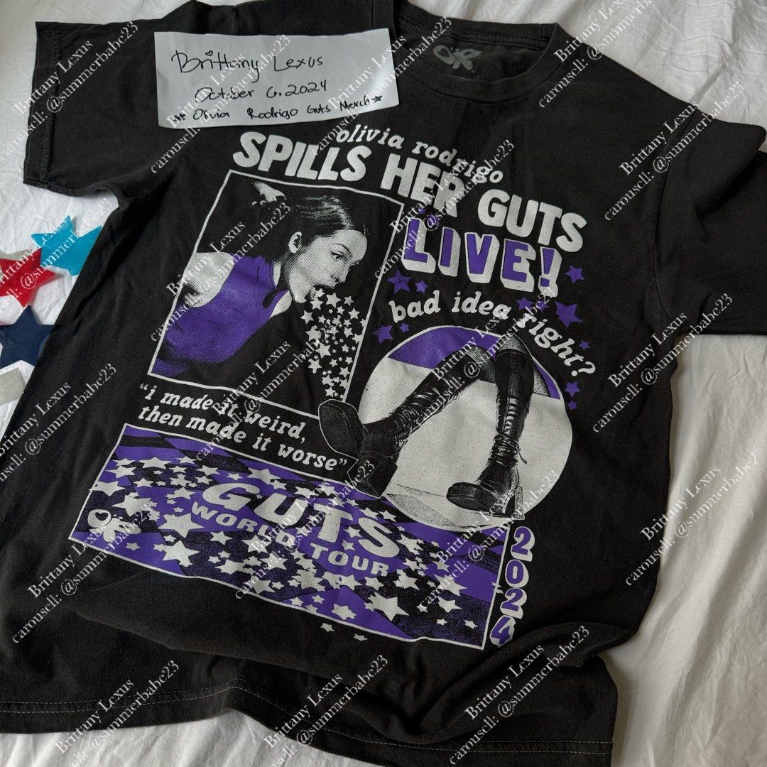 Olivia Rodrigo | SPILL HER GUTS LIVE BOOTS TEE (Category: Shirts) located in Carmona. Submitted by summerbabe23 (Listing ID 1329324853, Image 1). Description: ₱1,500. Guts in Manila Merch SPILL HER GUTS LIVE BOOTS TEE 👢✨💜 Size M Went to the con yesterday and got in at the VIP PIT. I will give free vids from my POV ( close to the stage) and free confetti as well! OLivia Rodrigo Location: Tagaytay Highlands Delivery via: Lalamove..