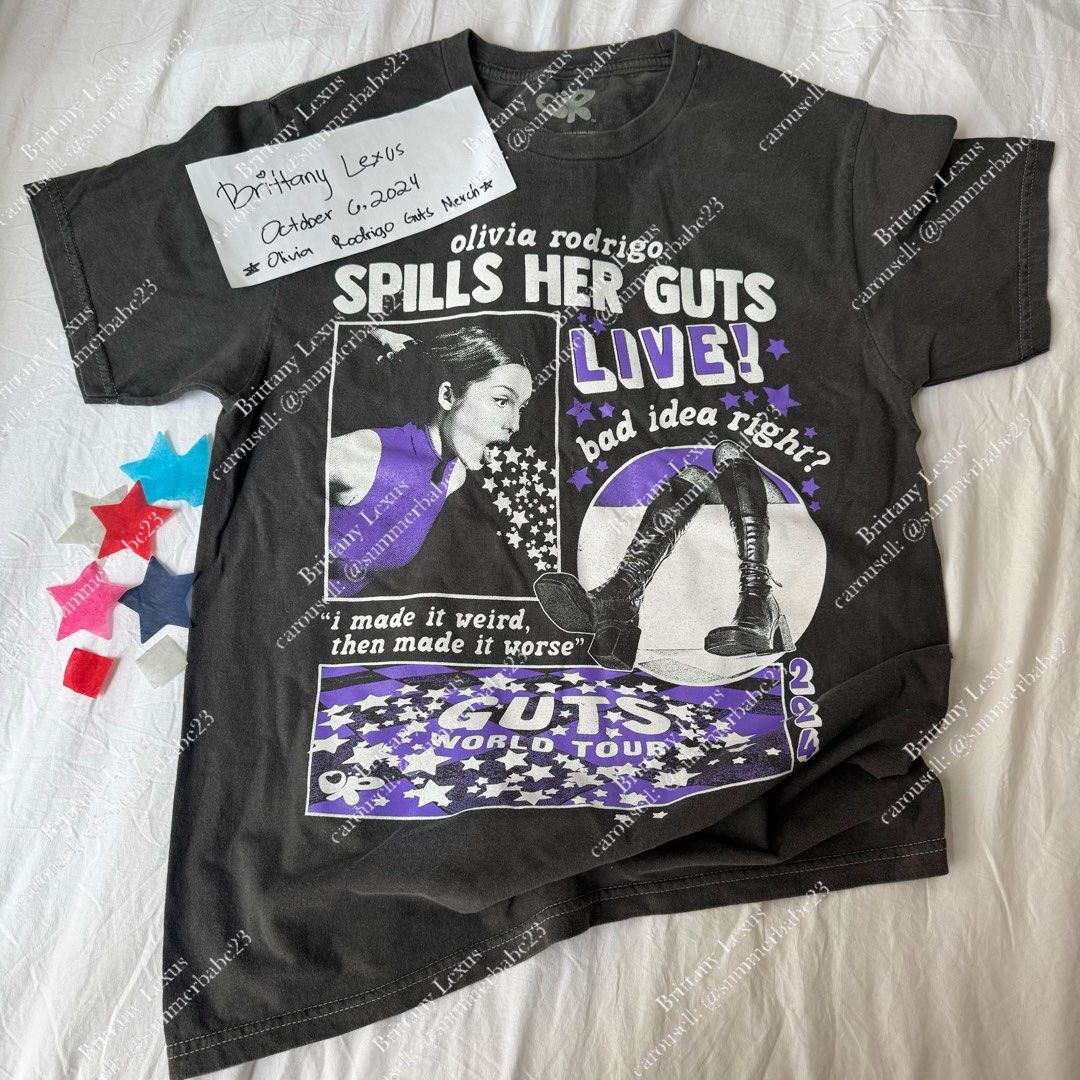 Olivia Rodrigo | SPILL HER GUTS LIVE BOOTS TEE (Category: Shirts) located in Carmona. Submitted by summerbabe23 (Listing ID 1329324853, Image 3). Description: ₱1,500. Guts in Manila Merch SPILL HER GUTS LIVE BOOTS TEE 👢✨💜 Size M Went to the con yesterday and got in at the VIP PIT. I will give free vids from my POV ( close to the stage) and free confetti as well! OLivia Rodrigo Location: Tagaytay Highlands Delivery via: Lalamove..