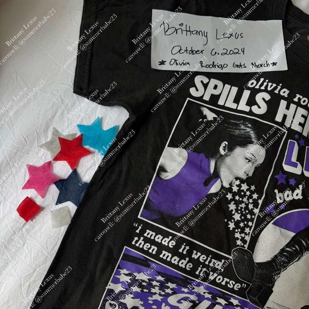 Olivia Rodrigo | SPILL HER GUTS LIVE BOOTS TEE (Category: Shirts) located in Carmona. Submitted by summerbabe23 (Listing ID 1329324853, Image 2). Description: ₱1,500. Guts in Manila Merch SPILL HER GUTS LIVE BOOTS TEE 👢✨💜 Size M Went to the con yesterday and got in at the VIP PIT. I will give free vids from my POV ( close to the stage) and free confetti as well! OLivia Rodrigo Location: Tagaytay Highlands Delivery via: Lalamove..