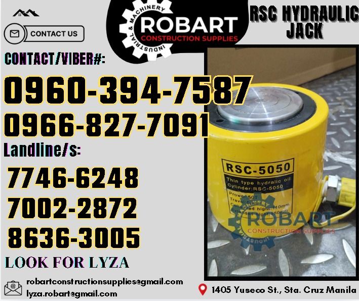 RSC Hydraulic Jack (Category: Construction Tools & Equipment) located in Manila. Submitted by lyzarobart11 (Listing ID 1329534352, Image 1). Description: RSC Hydraulic Jack RSC50T50 𝑹𝑶𝑩𝑨𝑹𝑻 𝑪𝑶𝑵𝑺𝑻𝑹𝑼𝑪𝑻𝑰𝑶𝑵 𝑺𝑼𝑷𝑷𝑳𝑰𝑬𝑺 𝒪𝒻𝒻𝒾𝒸𝑒 𝒜𝒹𝒹𝓇𝑒𝓈𝓈: 𝟣𝟦𝟢𝟧 𝒴𝓊𝓈𝑒𝒸𝑜 𝒮𝓉. 𝒮𝓉𝒶 𝒞𝓇𝓊𝓏 𝑀𝒶𝓃𝒾𝓁𝒶 ꜱᴇɴᴅ ᴜꜱ ᴍᴇꜱꜱᴀɢᴇ ꜰᴏʀ ɪɴQᴜɪʀɪᴇꜱ ‼️ ‼️ ɢʟᴏʙᴇ: (0966-827-7091) ꜱᴍʀᴛ - (0960-394-7587) ᴠɪʙʀ - (0960-394-7587) ʟᴀɴᴅʟɪɴᴇ: (8636-ʟᴏᴏᴋ ꜰ