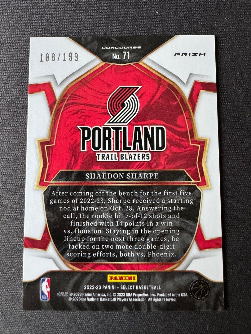 Shaedon Sharpe 2022-23 Panini Select Red RC 188/199