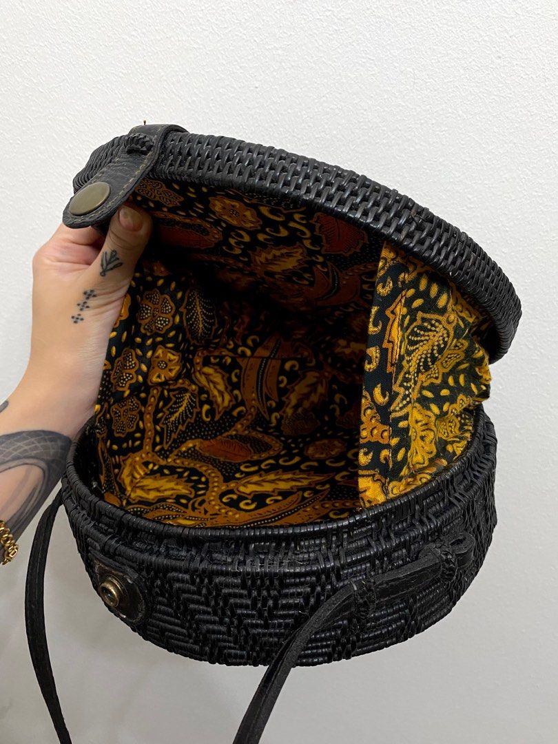 Black Rattan Straw Round Bag from Bali, Shoulder or Crossbody Bag
