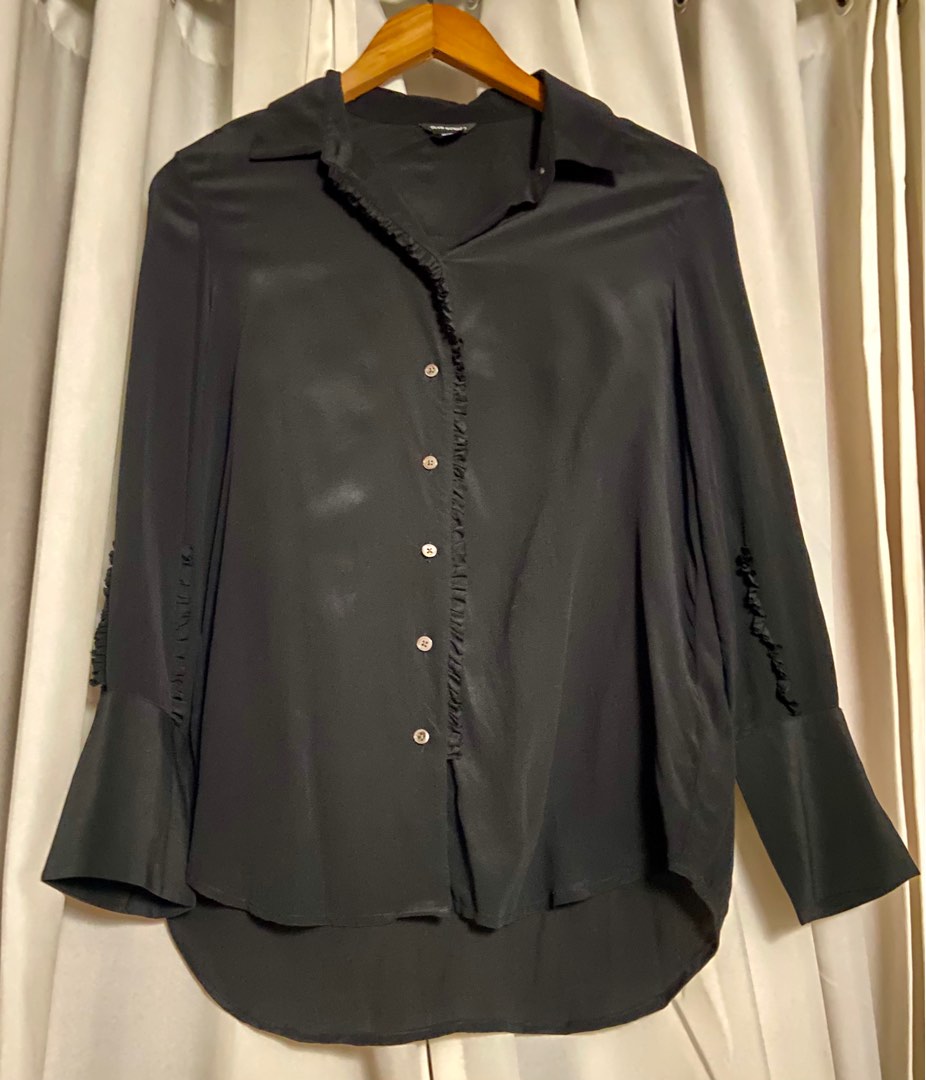 CLUB MONACO Black Silk with Raffles details Polo Long Sleeves, Women's ...