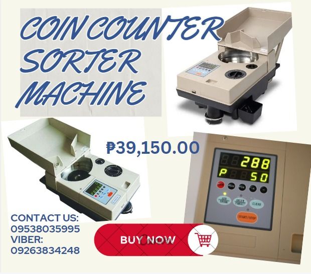 COIN COUNTER SORTER MACHINE (Category: Industrial Equipment) located in Caloocan City. Submitted by javierchec55656 (Listing ID 1329685848, Image 1). Description: Coin count and batch count Suitable for all coins 2000 coins/min hopper capacity 1500 coins think-film control panel adjustable diameter and thickness.