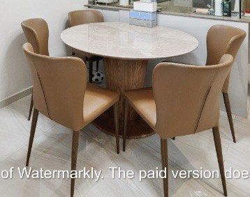 Dining Table Set (Category: Tables & Sets) located in Singapore. Submitted by belladroyal (Listing ID 1329665364, Image 2). Description: Modern round dining table comes with 5 dining chairs Willing to let go at a lower price for sincere buyers Self collection on 15 Nov ,Friday.