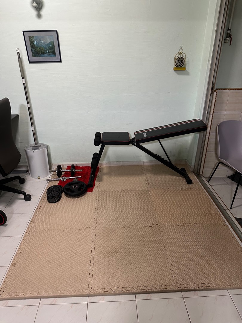 Dumbells Workout Bench PVC Mat Take all for 55 Sports Equipment Exercise Fitness Weights Dumbbells on Carousell