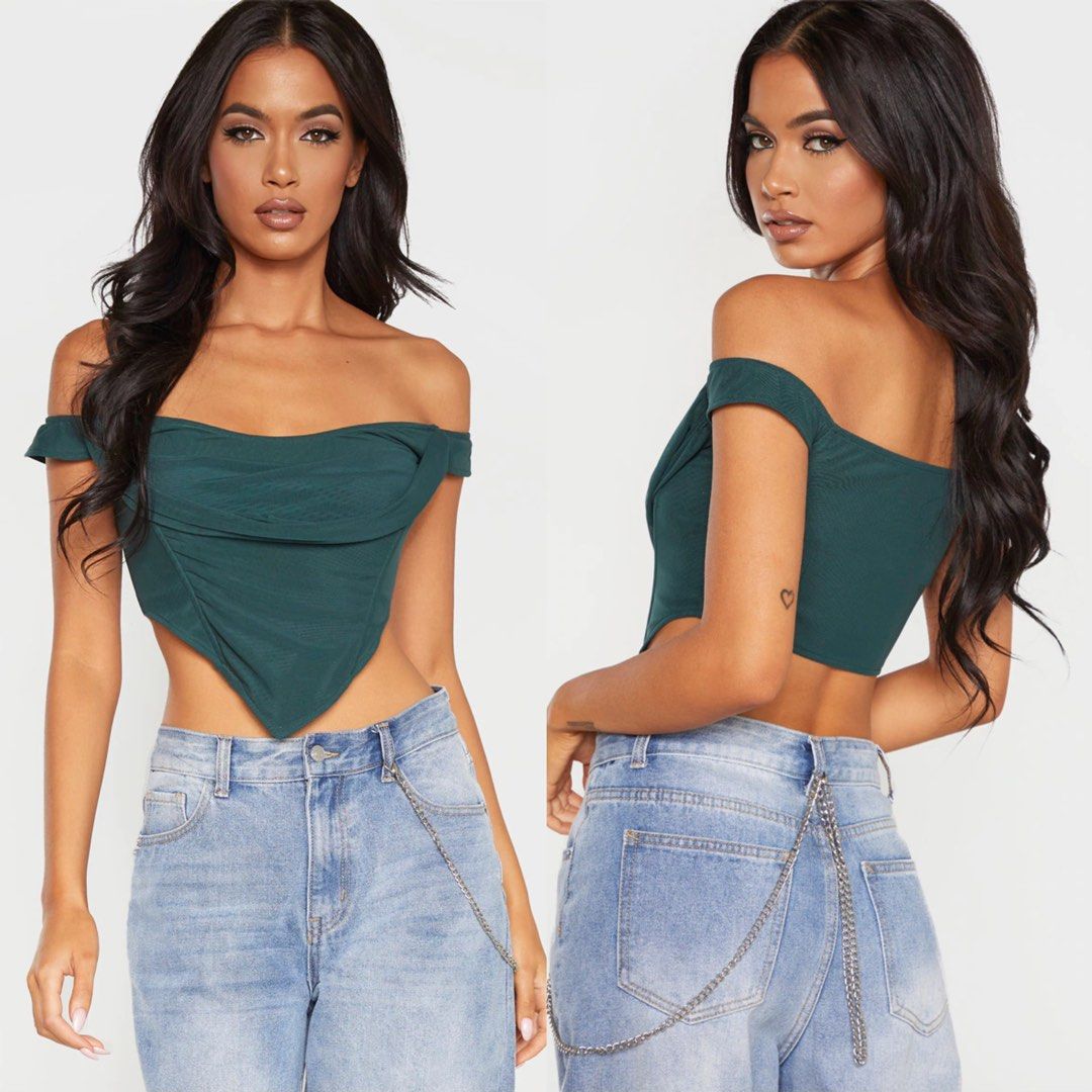 New Dark Green Corset Mesh Bardot Top Carousell