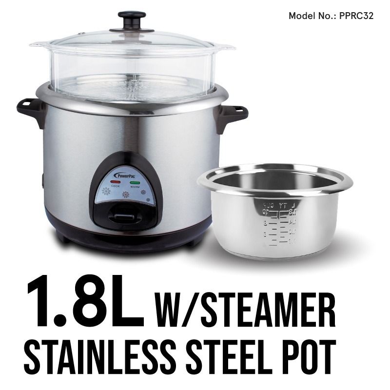 PowerPac Rice Cooker 1.8L, Rice Cooker with Stainless Steel Pot and ...