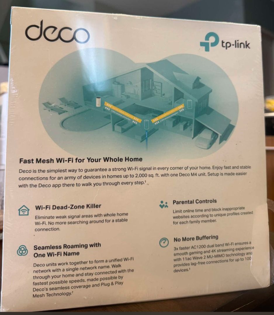 AC1200 Deco Whole Home Mesh WiFi Extender (Category: Other Home Appliances) located in Caloocan City. Submitted by dzlorleans (Listing ID 1329906463, Image 2). Description: AC1200 Deco Whole Home Mesh WiFi System WiFi Dead-Zone Killer Guarantees a strong WiFi signal in every corner of your home with a single M4 unit covering up to 2000 sq. ft. Wireless connections and optional Ethernet backhaul work together to link Deco units, providing even fas