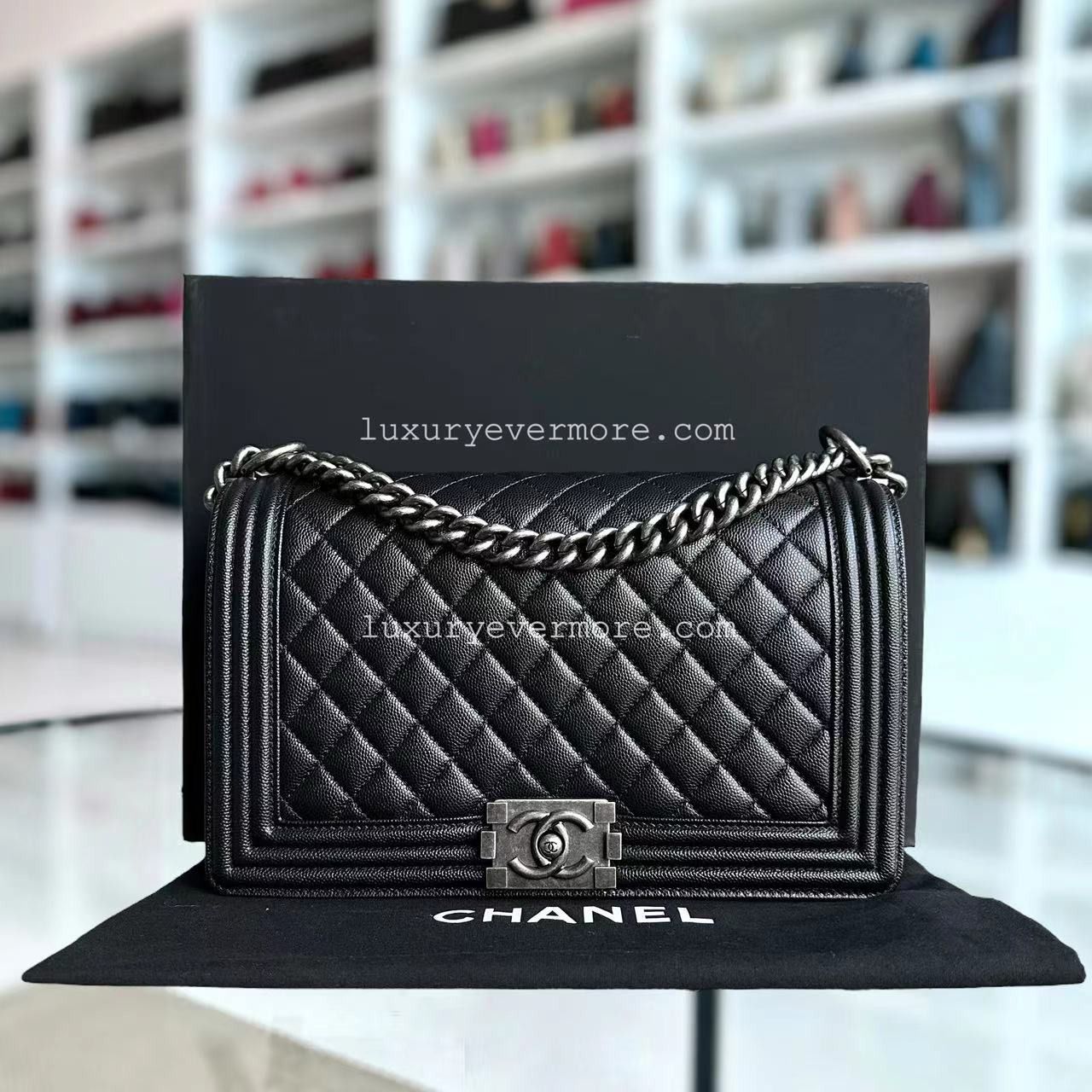 Chanel Caviar Boy New Medium 28CM Quilted Black Ruthenium Silver Hardware Series 26 Luxury Bags Wallets on Carousell
