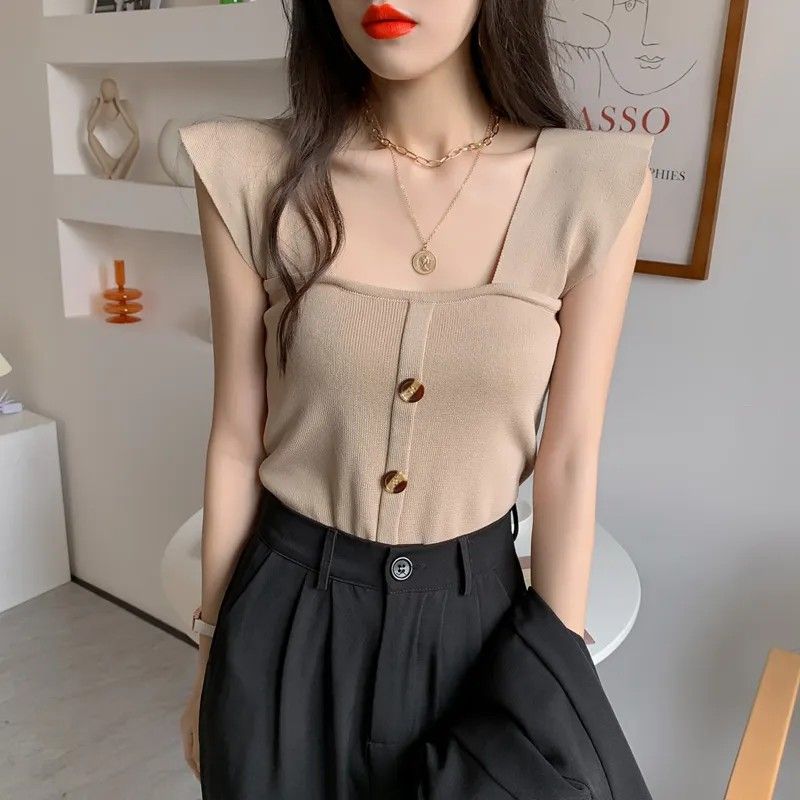 Korean Style Square Neck Knitted Sleeveless Blouse Top One Size
