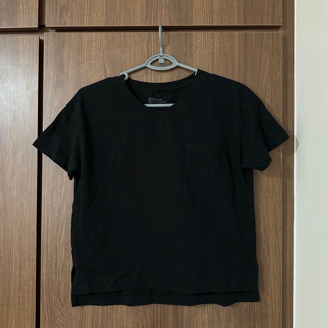 Muji V Neck Short Sleeve T-shirt with Pocket (Black, S), Women's