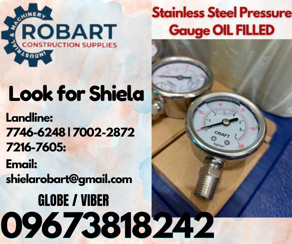 Stainless Steel Pressure Gauge (Category: Construction Tools & Equipment) located in Caloocan City. Submitted by shielaroba44709 (Listing ID 1329883668, Image 1). Description: Stainless Steel Pressure Gauge OIL FILLED Brand: Craft Size: 2" Dial face x 100PSI 1/4 NPT 𝑹𝑶𝑩𝑨𝑹𝑻 𝑪𝑶𝑵𝑺𝑻𝑹𝑼𝑪𝑻𝑰𝑶𝑵 𝑺𝑼𝑷𝑷𝑳𝑰𝑬𝑺 Office Address: 1405 Yuseco St. Sta Cruz Manila SEND US MESSAGE FOR INQUIRIES ‼️ ‼️ Call: 09673818242 / 09662708845 Vibr - (0967