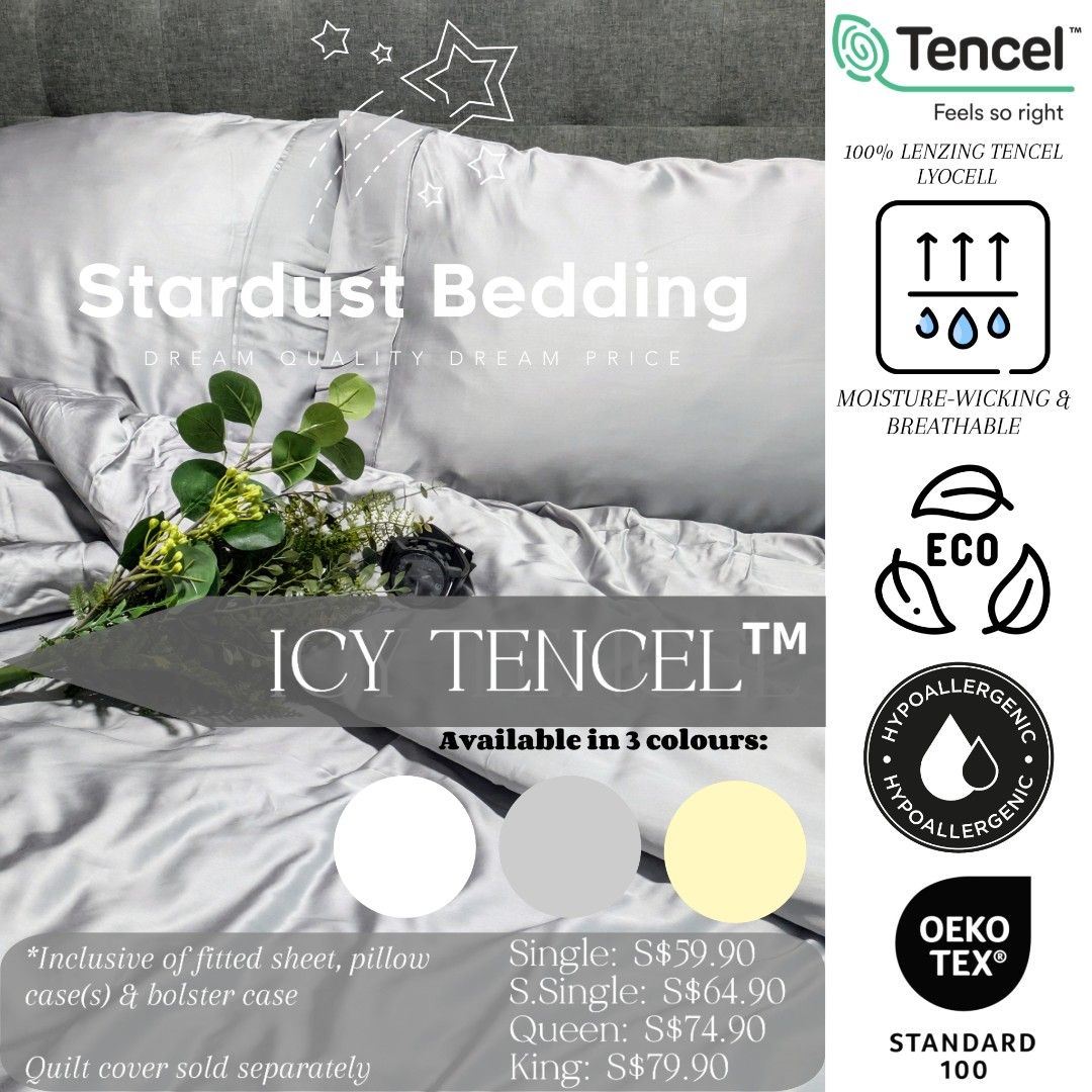 100% Icy Tencel Fitted Bedsheet Set | Stardust Bedding (Category: Bedding & Towels) located in Singapore. Submitted by stardustbedding (Listing ID 1329986290, Image 1). Description: Experience the ultimate in luxury with our 100% Icy Lenzing TENCEL™ Lyocell Fitted Bedsheet Sets. Made from sustainably sourced eucalyptus fibers, Tencel offers exceptional softness and environmental benefits. Features: ⭐Unmatched Softness: The Tencel fibers provide a