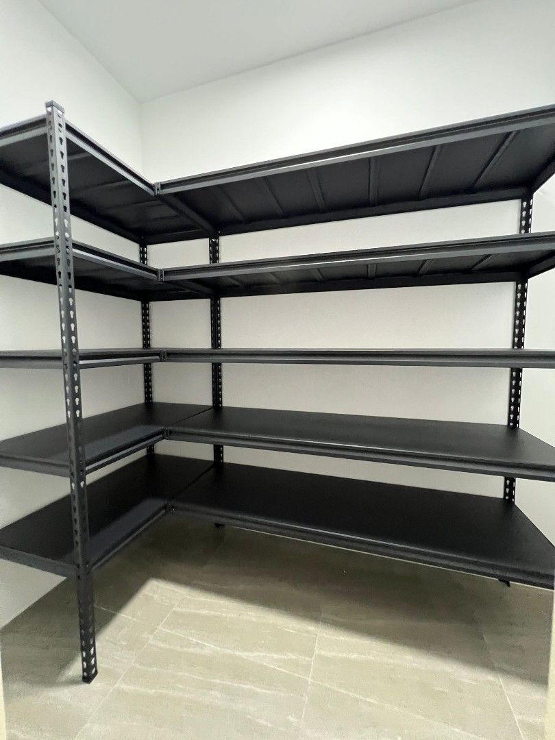 Boltless rack (Category: Shelves, Cabinets & Racks) located in Singapore. Submitted by shn_pte_ltd (Listing ID 1333946331, Image 3). Description: L shape without centre pole with delivery and installation. L100cmx W50cmx H200cm x 5 tiers L80cmx W40cmx H200cm x 5 tiers For any other size combination price, please text me. Speedy delivery within 1-3 working days Don't miss this awesome deal!! Local + Ready stocks!! Finding a rack that is versatile,