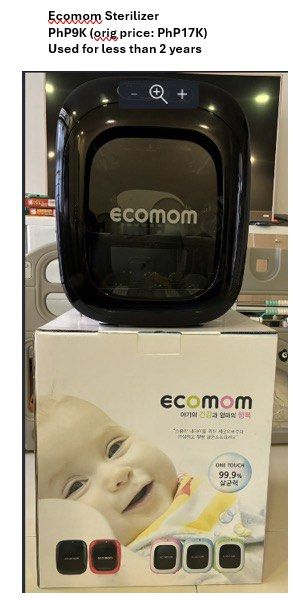 Ecomom 100 Dual UV Sterilizer (Category: Breastfeeding & Bottle Feeding) located in Pasig City. Submitted by jomarianni55843 (Listing ID 1333962876, Image 1). Description: orig price: 17k .