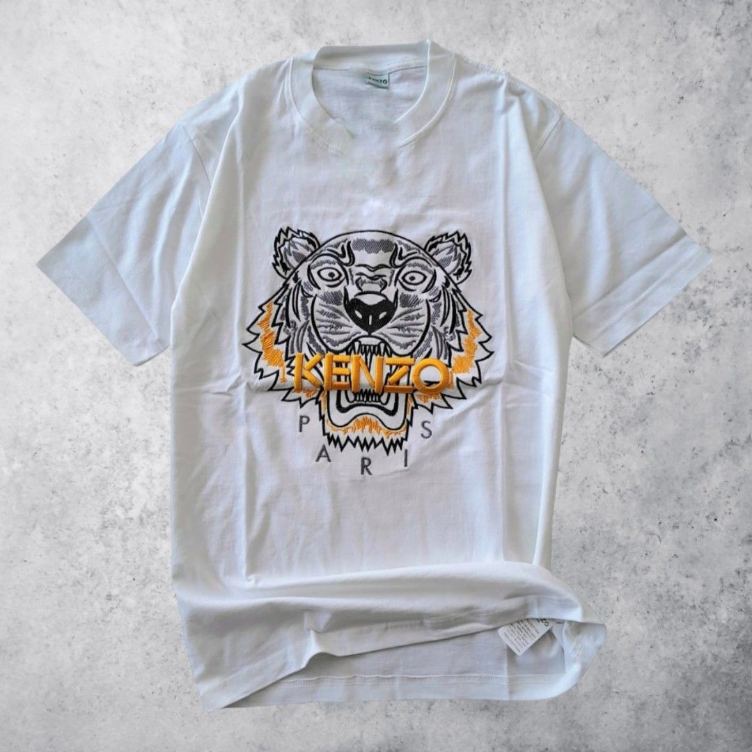 Kaos T-Shirt Kenzo Tiger Paris Putih, Fesyen Pria, Pakaian