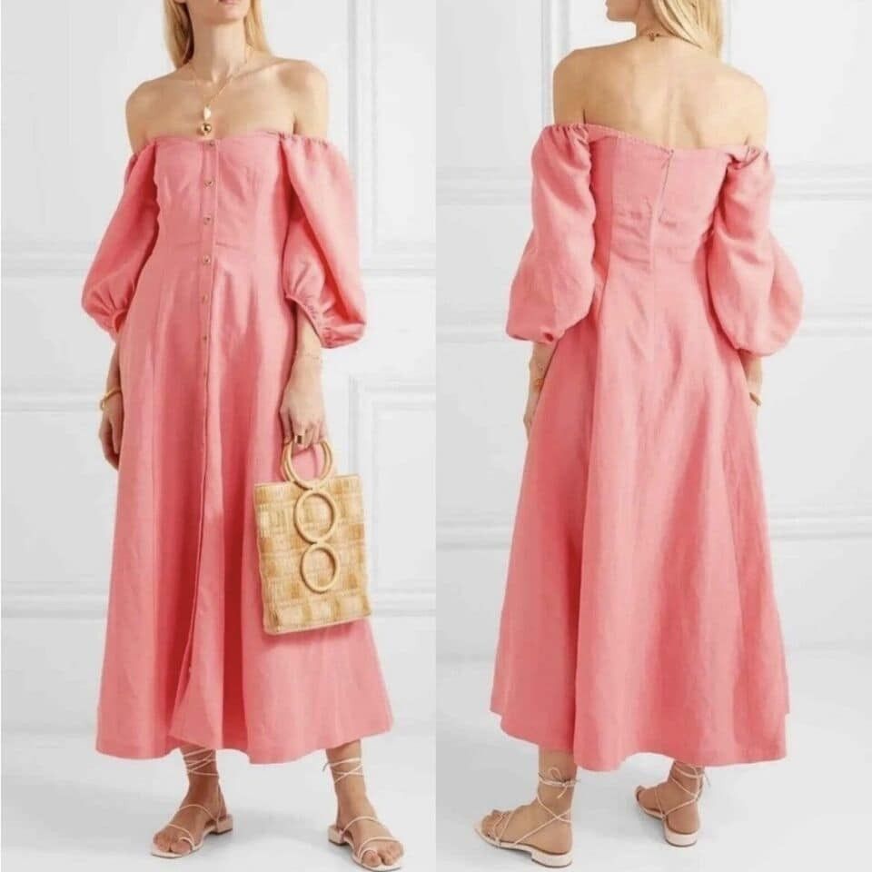 Mara Hoffman Coral Mika Dress (Category: Luxury Apparel) located in Baguio. Submitted by kategd (Listing ID 1333951982, Image 1). Description: MARA HOFFMAN SIZE 0 SMALL Retail is $850 😱😱 Mika midi dress in coral. Features fitted bodice with boning and full 3/4 sleeves, which can be worn on or off the shoulders. Buttons are functional at the skirt. Zipper at back. Linen fabric #zimmermann #zara #alicemccall #dissh #sir.