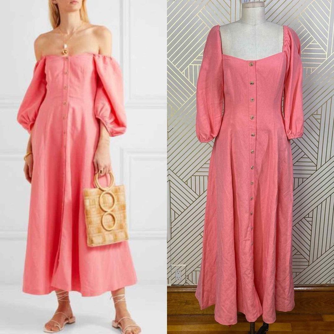 Mara Hoffman Coral Mika Dress (Category: Luxury Apparel) located in Baguio. Submitted by kategd (Listing ID 1333951982, Image 2). Description: MARA HOFFMAN SIZE 0 SMALL Retail is $850 😱😱 Mika midi dress in coral. Features fitted bodice with boning and full 3/4 sleeves, which can be worn on or off the shoulders. Buttons are functional at the skirt. Zipper at back. Linen fabric #zimmermann #zara #alicemccall #dissh #sir.