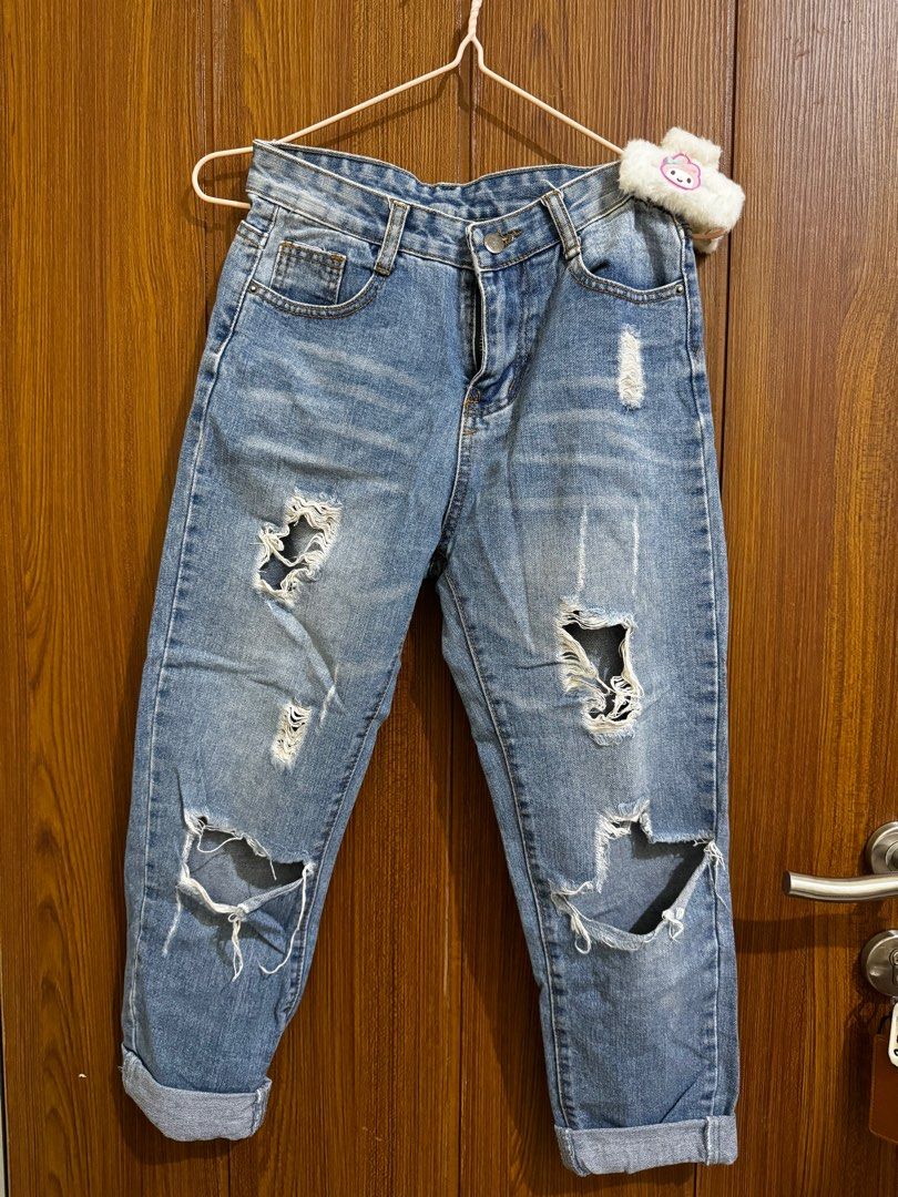 Ripped Jeans Mom Jeans Denim Baggy Pants Celana Panjang, Fesyen