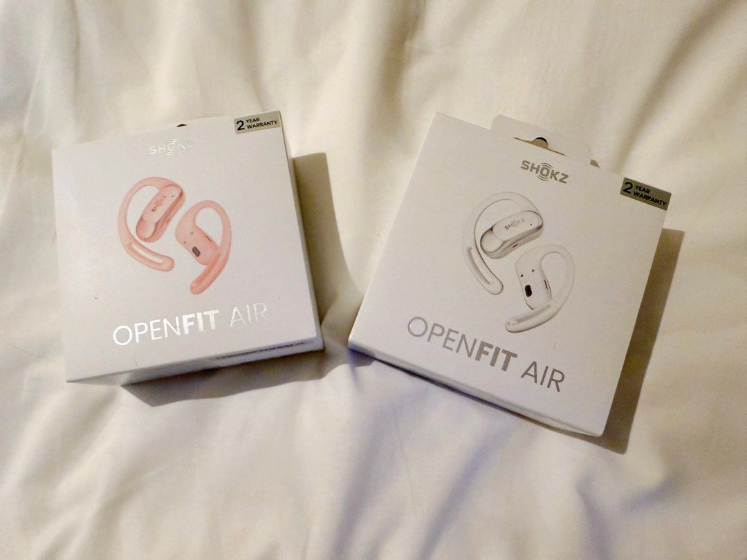 Shokz OpenFit Air (Category: Earphones) located in Makati City. Submitted by peking711 (Listing ID 1333931214, Image 1). Description: Brand new. Literally bought a few minutes ago as an impulsive purchase . Opened only to check physically but never used or even tried. Php7000 each Colors available: White x1 Pink x1.