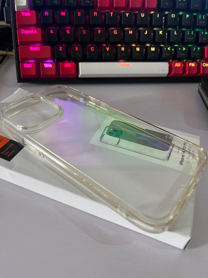 Spigen Clear case For iphone 14 pro max (Category: Cases & Sleeves) located in Santa Rosa. Submitted by kate393 (Listing ID 1333878101, Image 1). Description: Spigen brand case for iPhone 14 pro max. Just used it once then naka tambak na. Fixed price. .