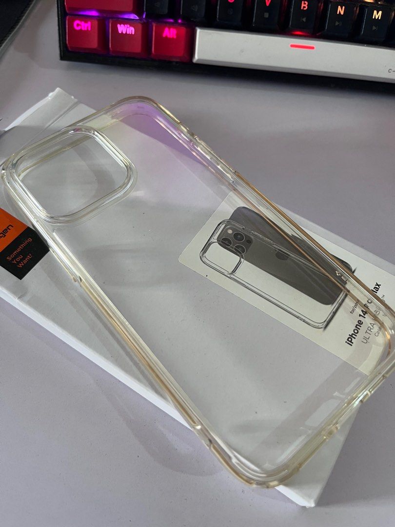Spigen Clear case For iphone 14 pro max (Category: Cases & Sleeves) located in Santa Rosa. Submitted by kate393 (Listing ID 1333878101, Image 2). Description: Spigen brand case for iPhone 14 pro max. Just used it once then naka tambak na. Fixed price. .