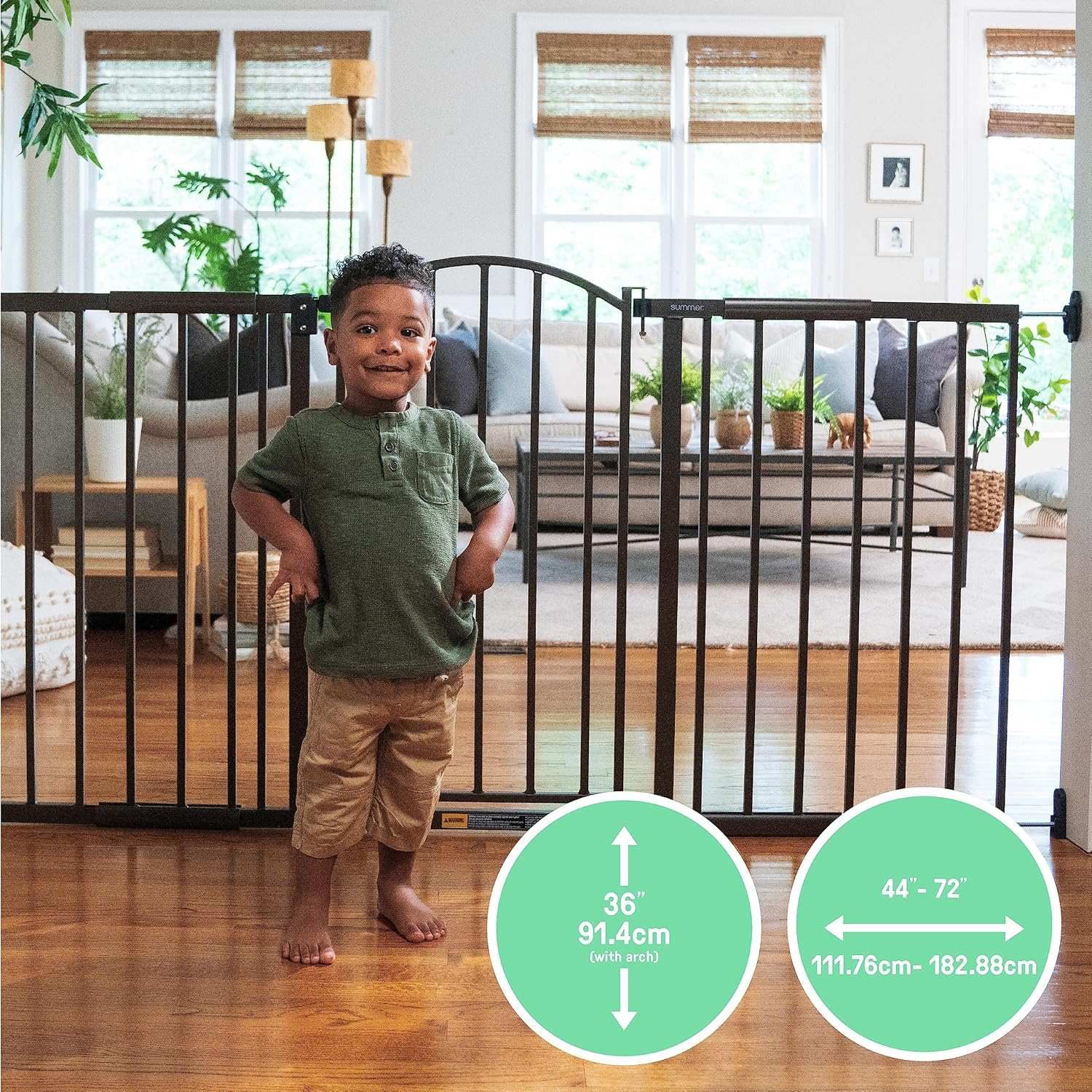 Summer Metal Expansion 6 Foot Wide Extra Tall Walk Thru Baby Gate Bronze Finish 36 Tall Fits Openings of 44 to 72 Wide Baby and Pet Gate for Extra Wide Doorways Bronze Babies