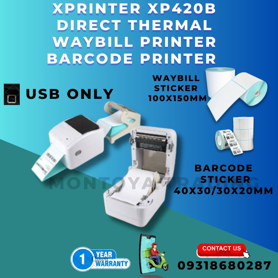 XP420B USB ONLY WAYBILL & BARCODE PRINTER (Category: Printers, Scanners & Copiers) located in Manila. Submitted by cm875381367283 (Listing ID 1333924447, Image 1). Description: Xprinter XP420B USB port USB+Bluetooth barcode / waybill printer ✅ Guaranteed brand new (not refurbished) ✅ Aftersales tech support ✅ 1year warranty 🚖 We offer delivery via: Lalamove ☎️ Call us at [hidden information] Smart [hidden information] Globe Vibe / What'sApp ✅CAS