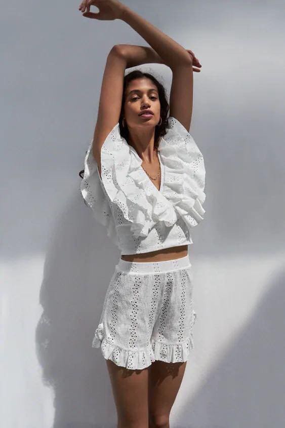 Zara white eyelet ruffled top, Women's Fashion, Tops, Blouses on Carousell