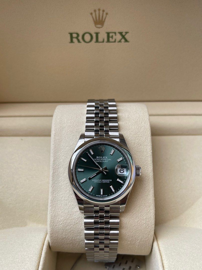 2024 Rolex Datejust 31 - Mint Green (Category: Luxury Watches) located in Pasig City. Submitted by chadoden (Listing ID 1335439913, Image 2). Description: Reference no - 278274 Brand New - Complete Set Smooth Bezel Jubilee Bracelet 5 years warranty.