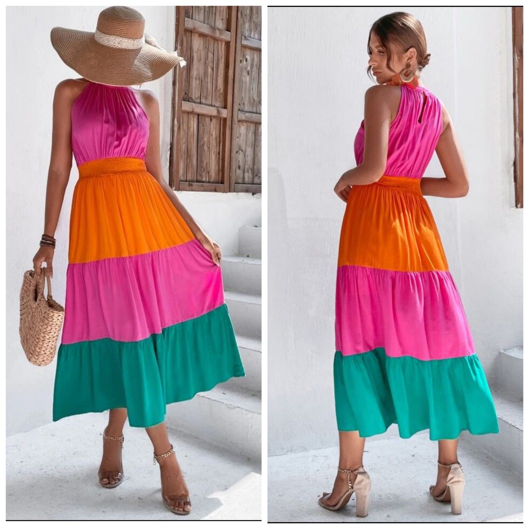 Shirred Waist Halter Maxi Dress Small Colorblock Boho Multicolor Pink Orange Green Casual Dress Beach Women s Fashion Dresses Sets Dresses on Carousell