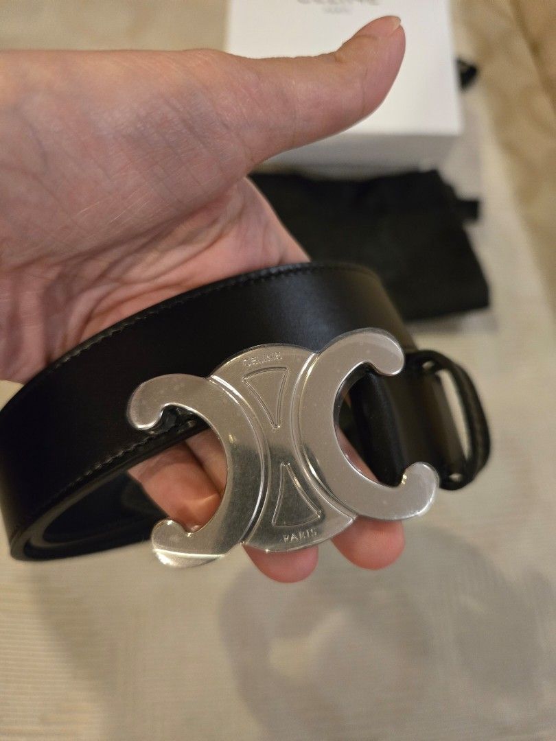 Celine large triomphe belt in calfskin (Category: Belts) located in Makati City. Submitted by cjoy03 (Listing ID 1335559523, Image 2). Description: selling my husband's celine triomphe belt in black, size 90, best for 32 to 36 waist line. brand new, never worn, because my my mom bought the wrong size for him 😅 complete with box, dustbag and ribbon..
